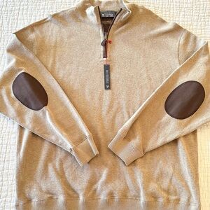 NWT Daniel Cremieux Beige 1/4 Zip Reversible Sweater W/ Brown Elbow Patches